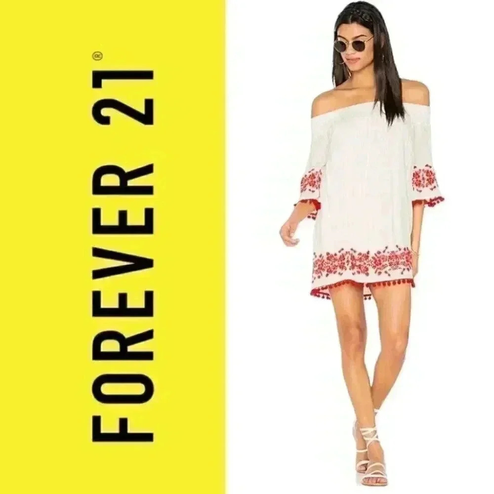 Forever 21 Women Off Shoulder Short Sleeve Bohemian Dress - Picture 13 of 13